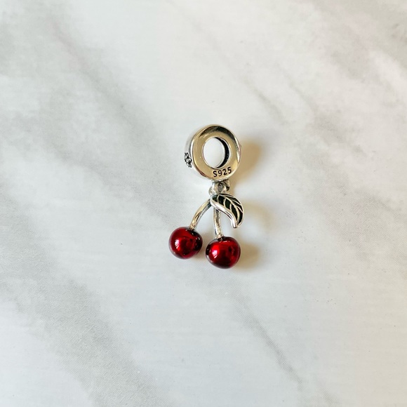 New Sterling Silver 925 dangling red cherry and green leaf bracelet charm - Picture 3 of 5